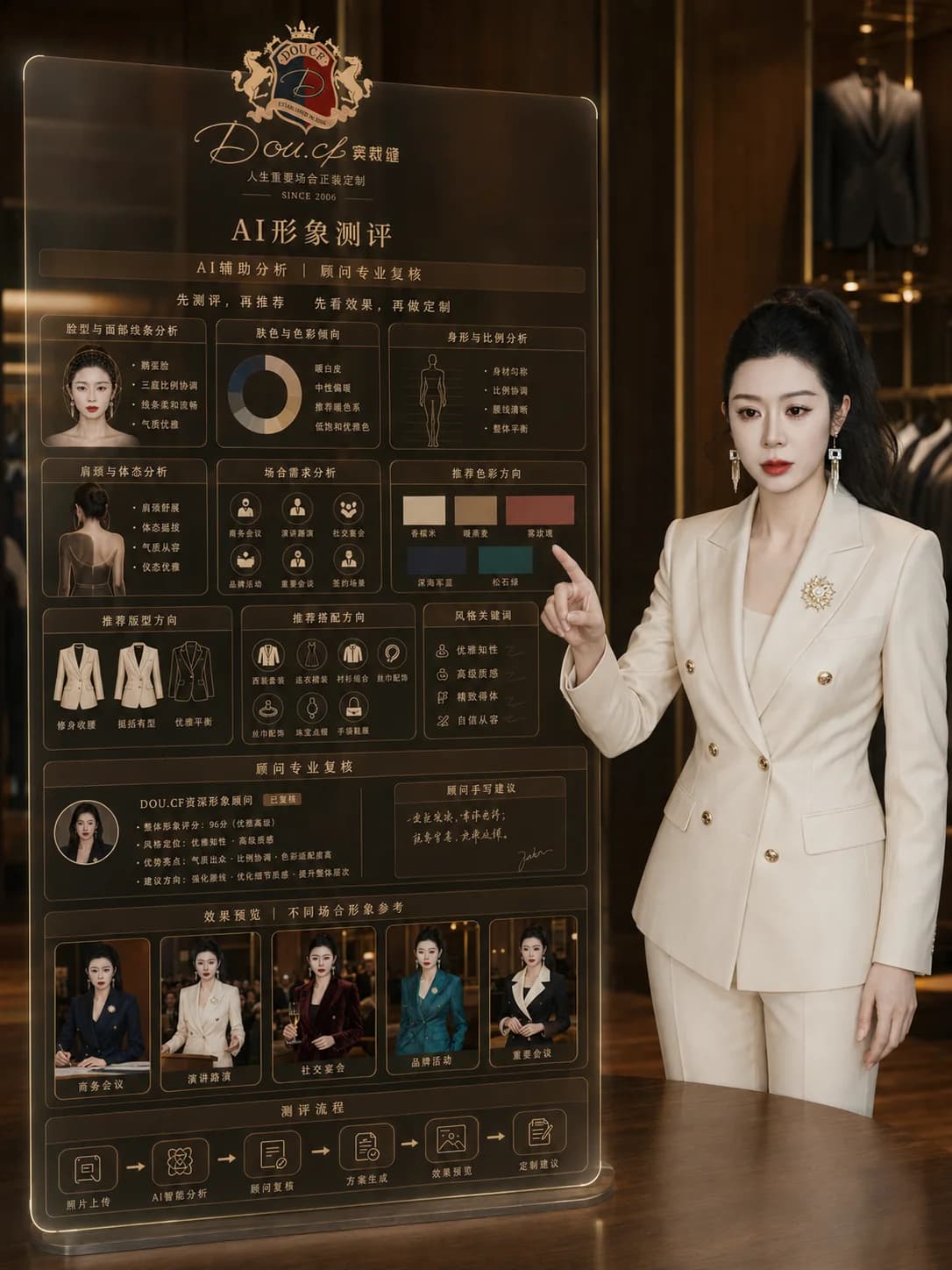 窦裁缝主理人演示AI形象测评与专业顾问复核流程