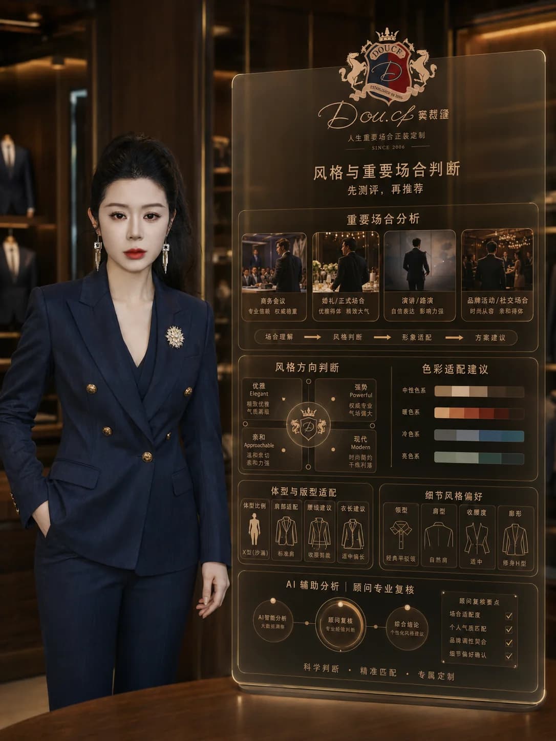 窦裁缝主理人演示不同场合与女士正装风格判断