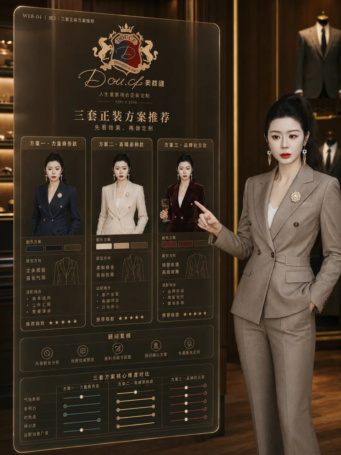 窦裁缝根据AI形象测评为主理人推荐三套女士正装方向